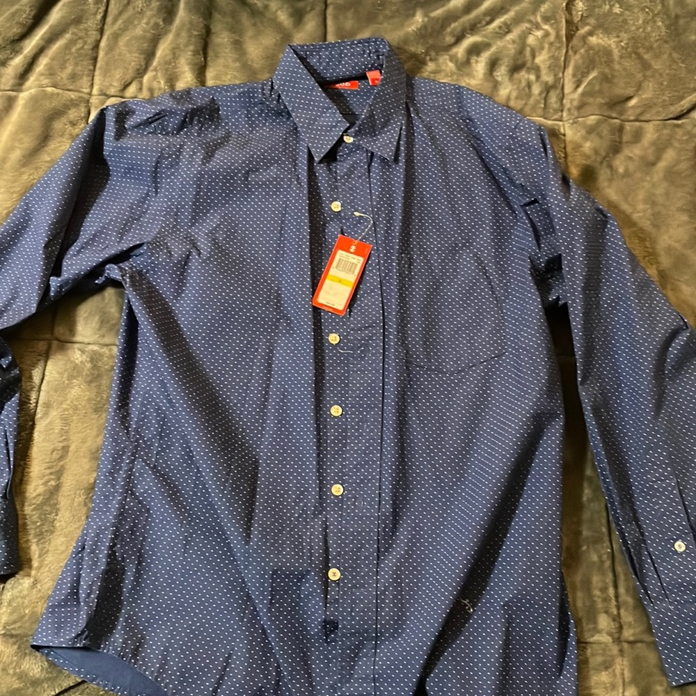 Izod Dress Shirt navy Blue White Dots